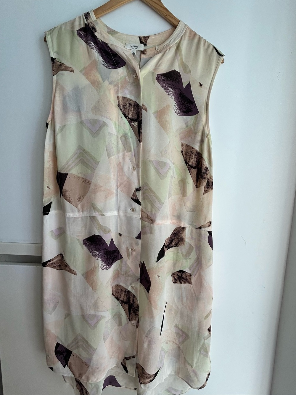Wilfred cream silk sleeveless midi dress with purple abstract accents